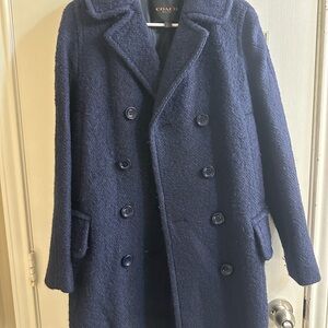 Coach Black Pea Coat with Double-Breasted Style and Wide Lapel Collar